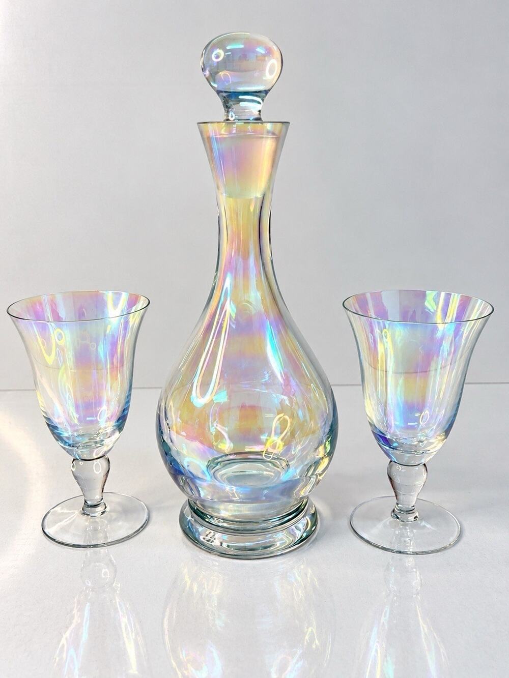 Vintage Iridescent Rainbow Glass Decanter Stopper & 2 Wine Goblets 3 Pc Set